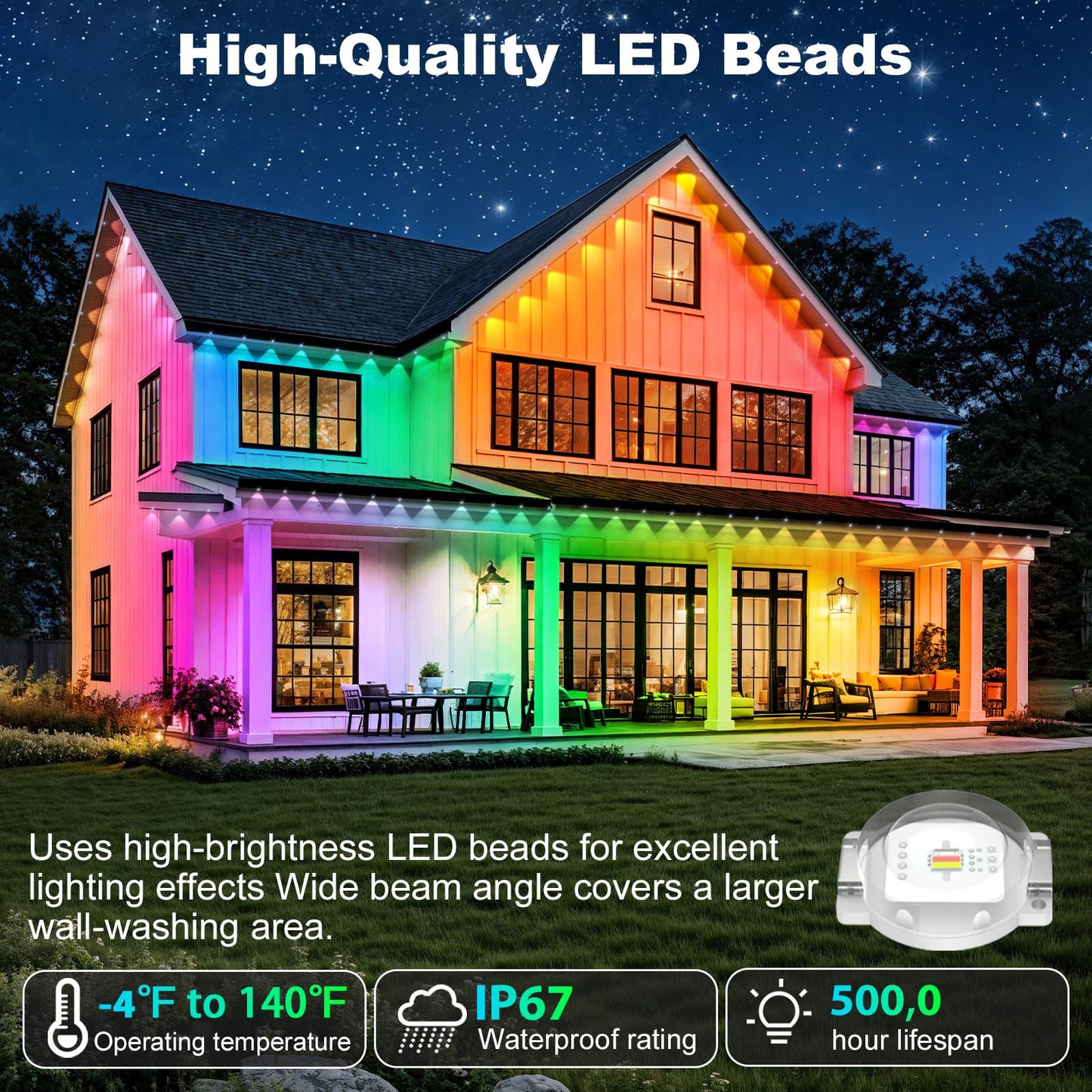 Rcuica 500Ft Permanent Outdoor Lights Waterproof With Smart App Control Remote Diy Scene Modes Music Sync Hronization Eaves Lights For Garden Decor Deck Christmas