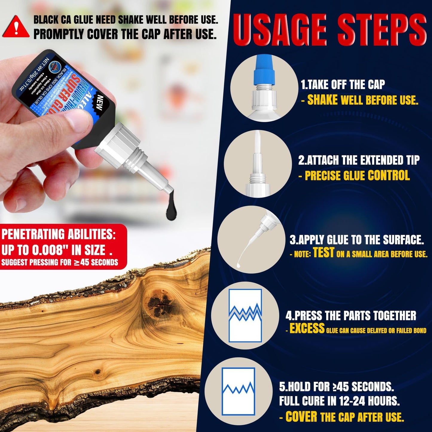 20g Black Medium-Thick CA Glue (500 CPS),Premium Cyanoacrylate Super Glue for Wood, Glass, Metal, Paper, Leather, Plastic, Ceramic, Rubber, Jewelry, Woodworking, Hobby Models, and Craft Project