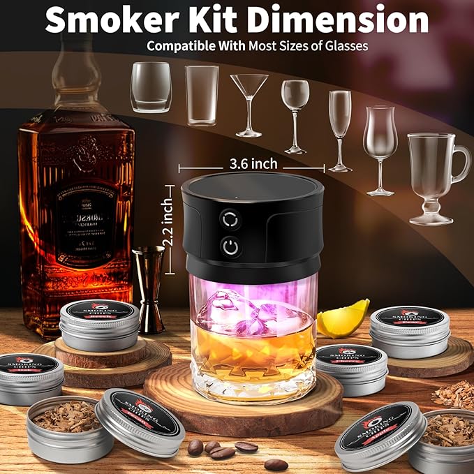 Electric Whiskey Smoker Kit with Lights: Cocktail Infuser with 6 Wood Chips for Whiskey Bourbon Lovers - Old Fashioned Drink Smoker Kits for Drink Mixing Home Bar Party - Christmas Gifts for Dad Men