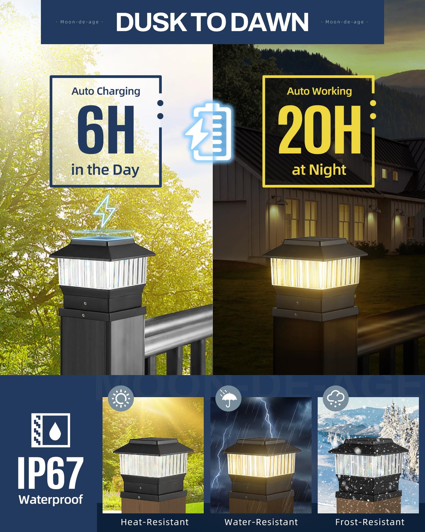 MOON-DE-AGE Solar Post Cap Lights, 50 Lumen, Waterproof, 8 Pack, Warm Black, Fits 4x4, 3.5x3.5, 4