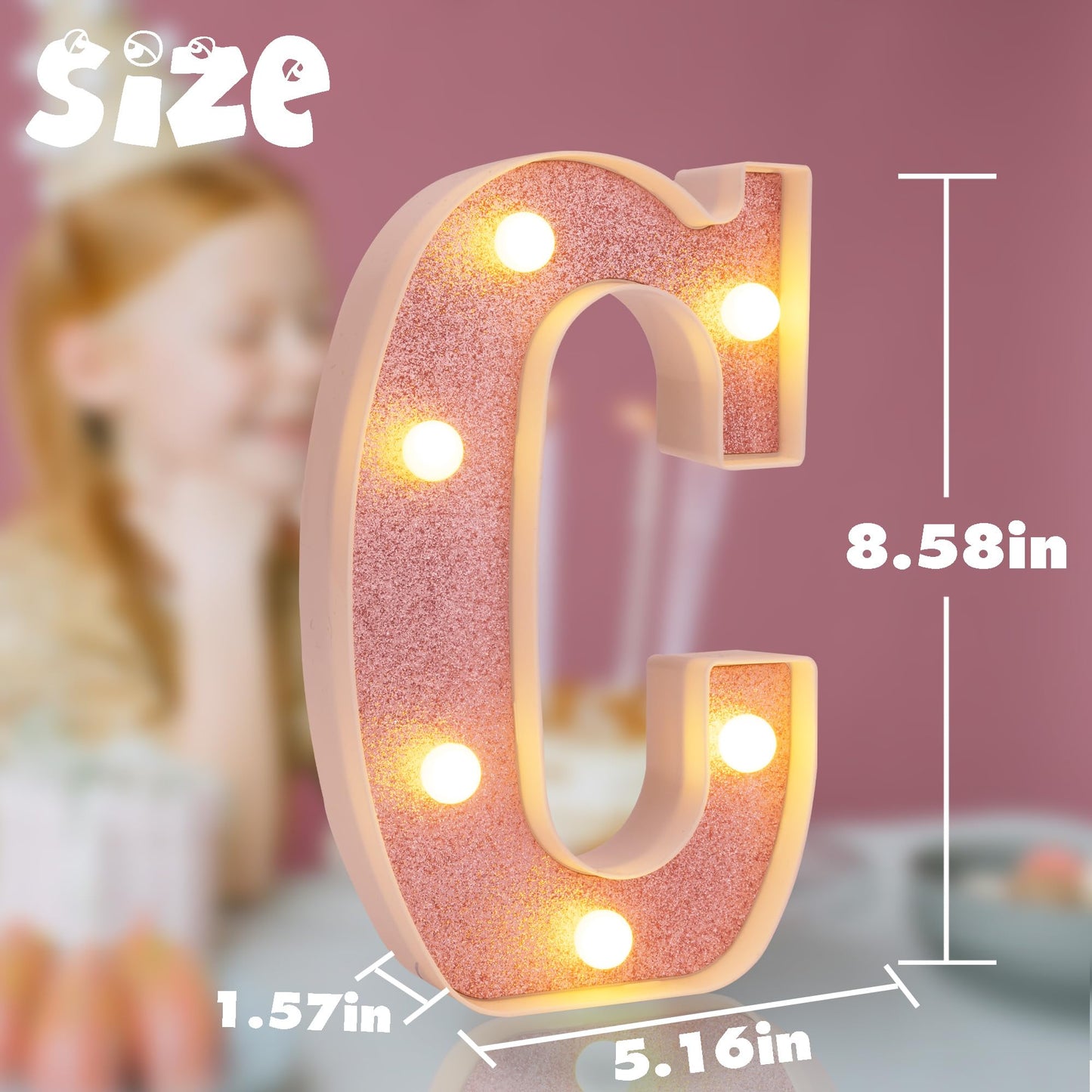 DyingSwan Small LED Marquee Letter C, 8.58 Inch Lighted Sign, Pink Glitter, Battery Powered Decor for Parties and Events