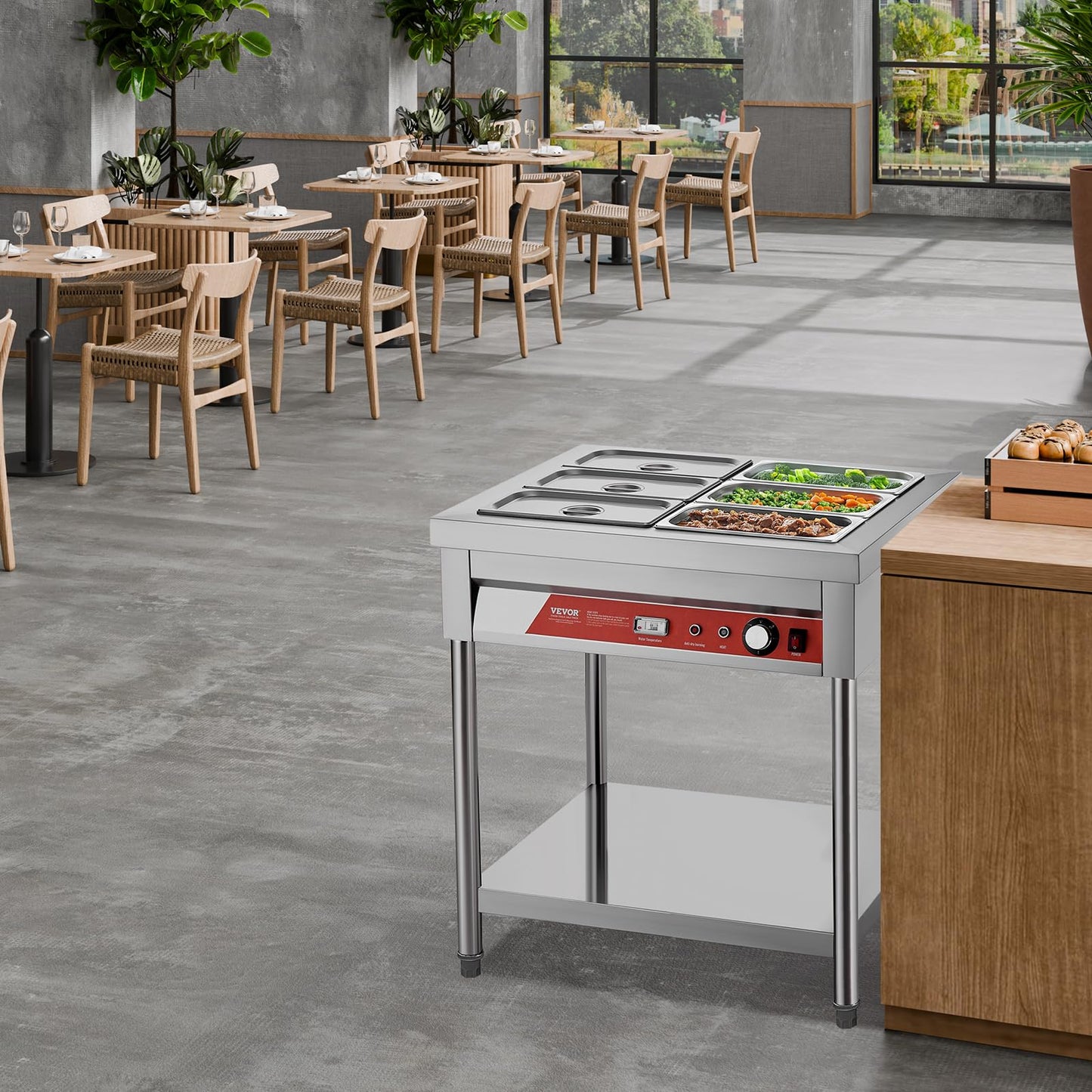 VEVOR 6-Pan Commercial Food Warmer, 6 x 1/3 Pans Electric Steam Table, 1500W Professional Buffet Catering Food Warmer with Undershelf, Stainless Steel Server for Restaurant Party Hotel