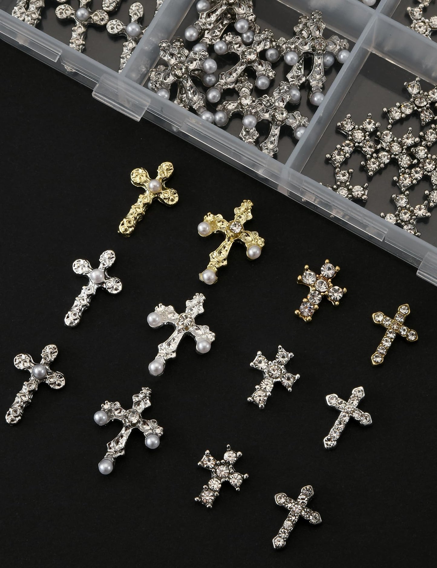 OPMADM 120 Pcs 3D Cross Nail Charms 12 Grids Metal Nail Art Charms White Gold Silver Gold Cross Charms for Nails
