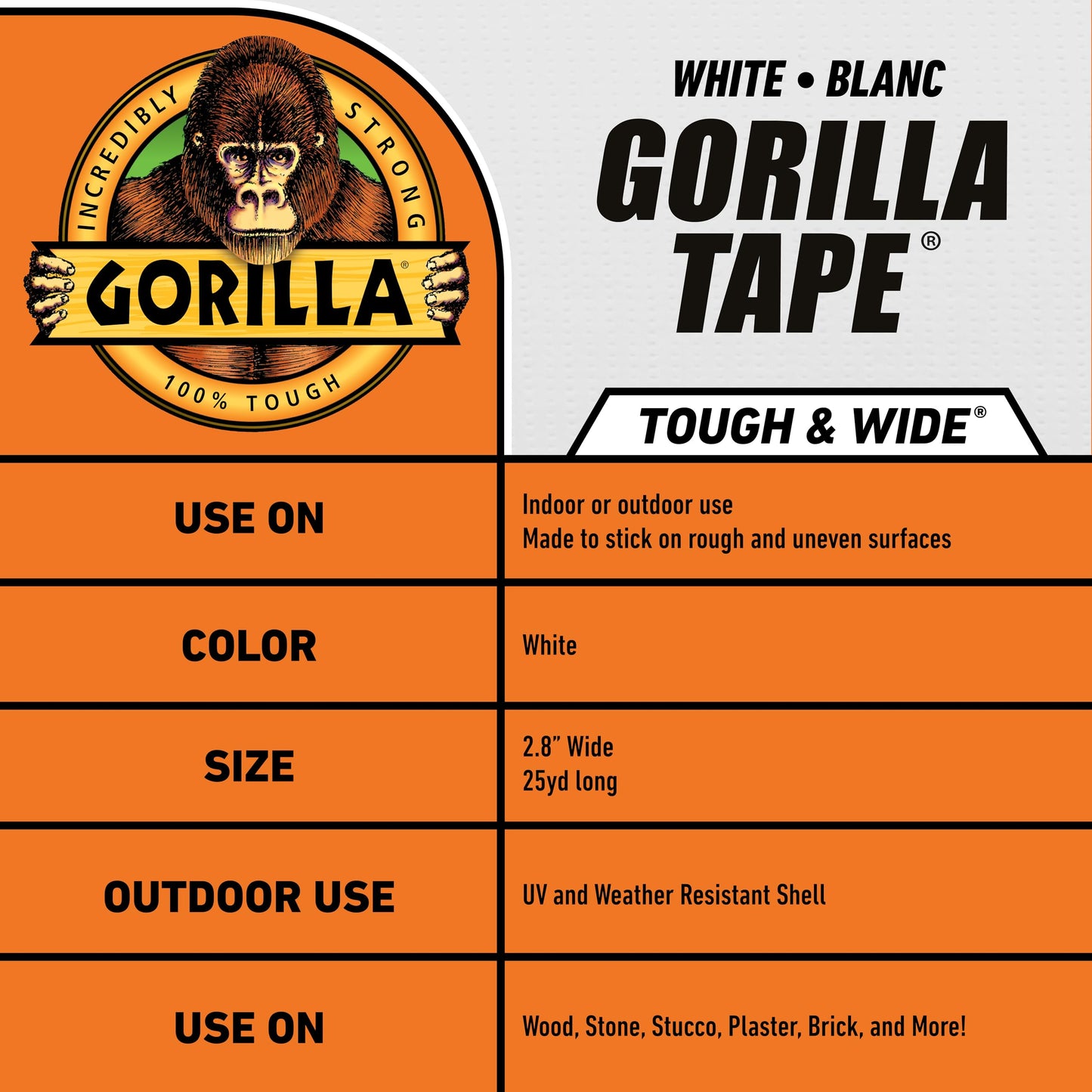 Gorilla Tape Tough & Wide, White Tape, 2.88" x 25 yd (Pack of 1) - Heavy Duty and Weather Resistant for Indoor or Outdoor