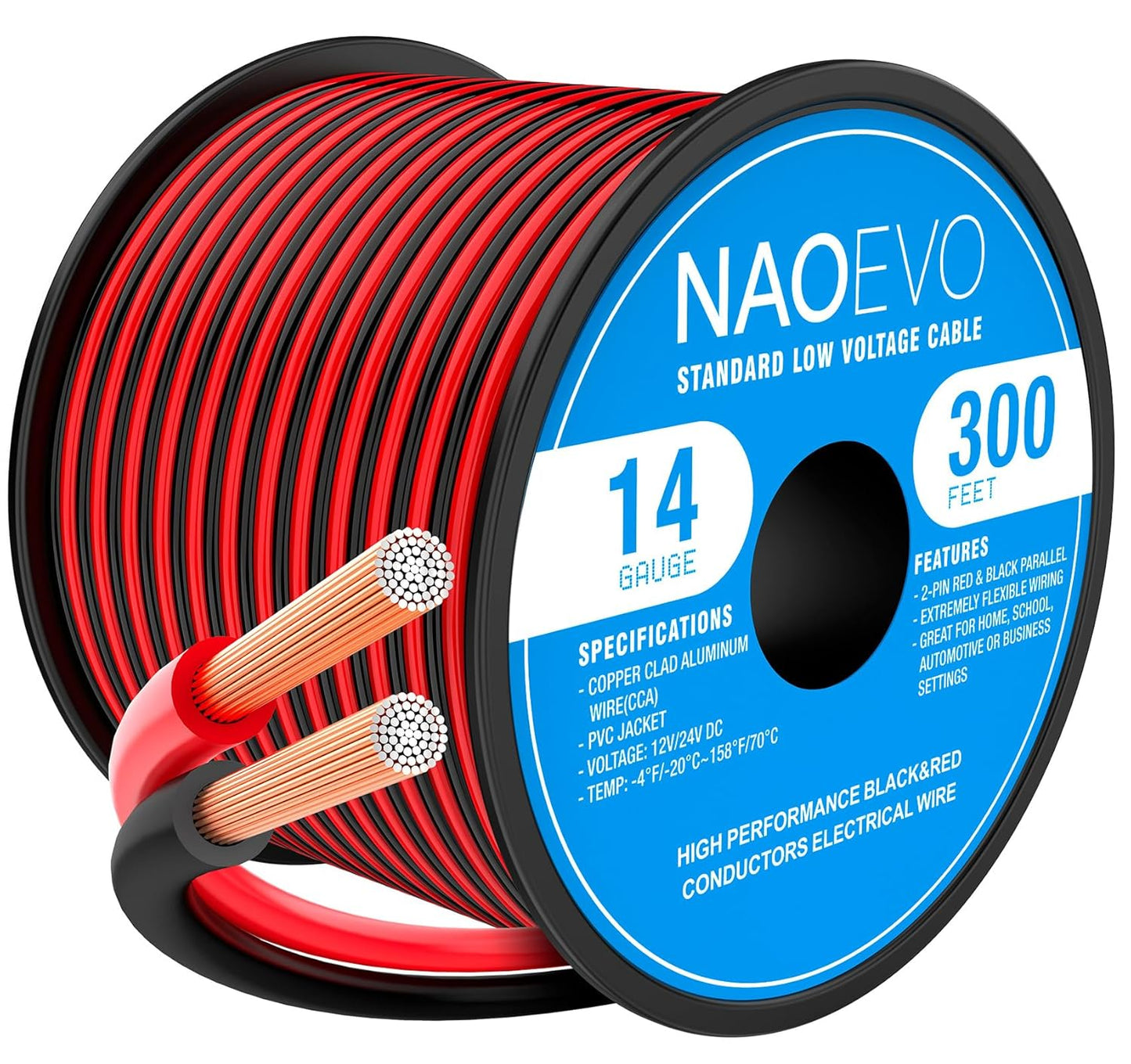 NAOEVO 14 Gauge Wire 300FT, 2 Conductors Electrical Wire Red Black Cable, Flexible/Low Voltage/PVC 14 AWG Copper Clad Aluminum Extension Cord for Speaker, LED Strips, Automotive 12V/24V DC
