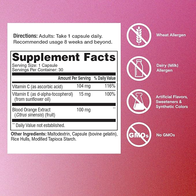 One A Day Skin Radiance, Skin Supplement to Support Hydration & Glow with Blood Orange Extract & Collagen Health with Vitamin C & Vitamin E, 30 Capsules