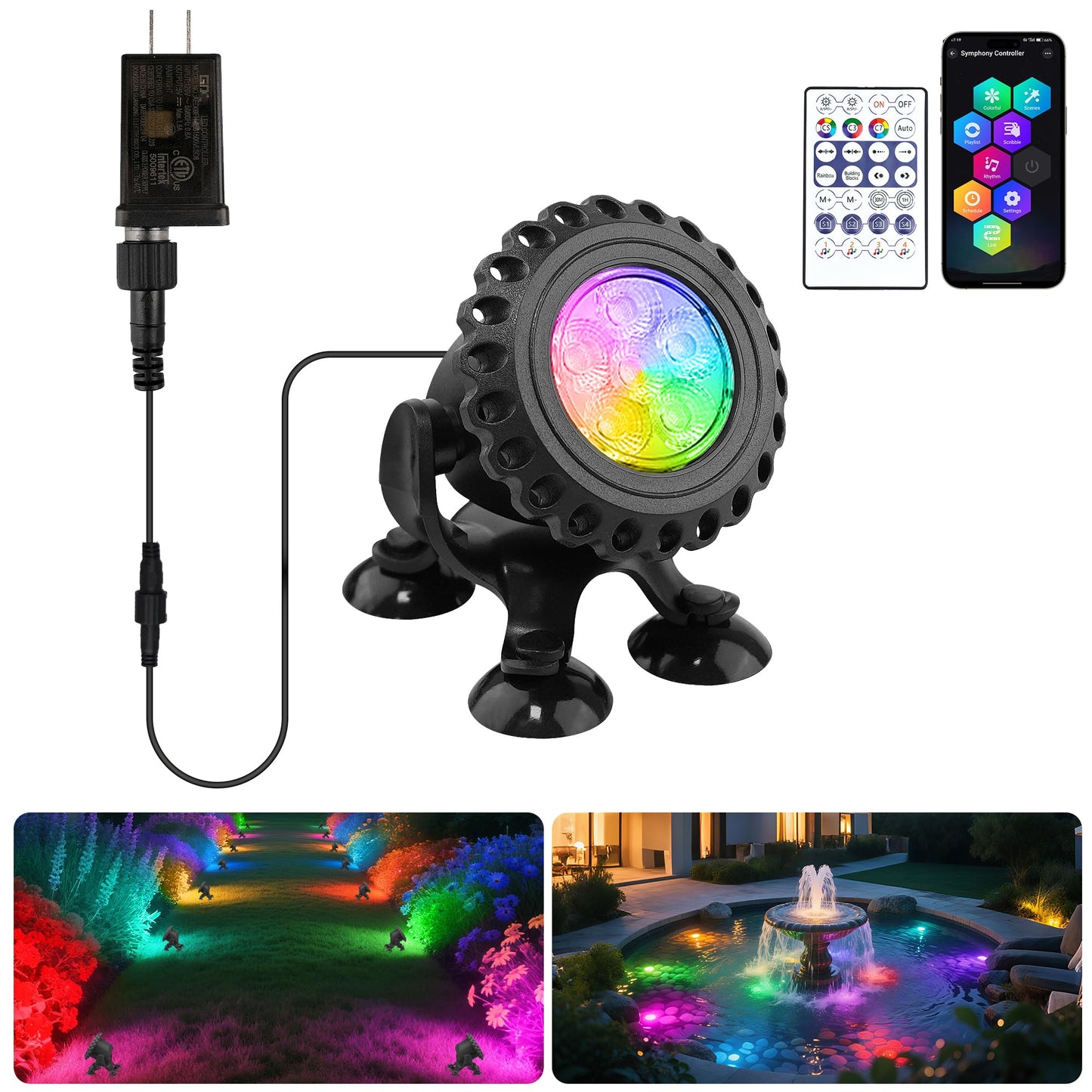 T-SUN Colored Pond Lights - LED Submersible Fountain Light, Bluetooth & Remote Control, IP68 Waterproof, Set of 1, Multicolor, Model TS-F2220