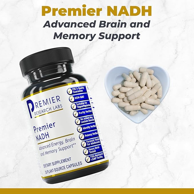 Premier Research Labs NADH - Supports Alertness, Energy & Athletic Performance - Memory Support Dietary Supplements - for Brain Health - Pure Vegan - 30 Plant-Source Capsules