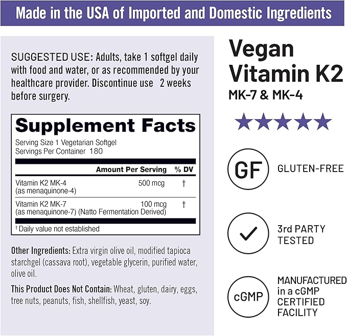 NatureWise Vitamin K2 Supplement with MK-7 100mcg and MK-4 500mcg - Enhanced Bioavailable Formula - K Complex for Bone and Heart Health - Vegan, Gluten Free, Non-GMO - 180 Softgels[6-Month Supply]