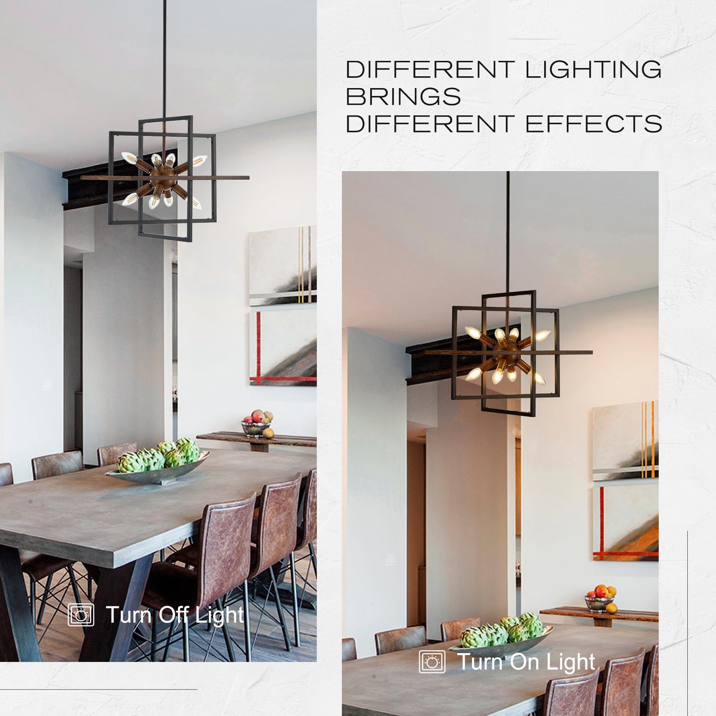 Tacdandm 8-Light Wood Grain And Vintage Black Sputnik Chandelier  18.9 Industrial Pendant Lighting Fixture For Dining Room