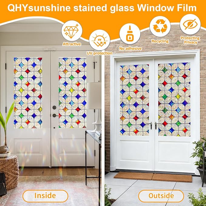 QHY Sunshine Colorful Rainbow Stained Glass Window Film Non-Adhesive Window Privacy Film Reusable Decorative for Room (Rainbow Mosaic, 35.4 X 157.4 in)
