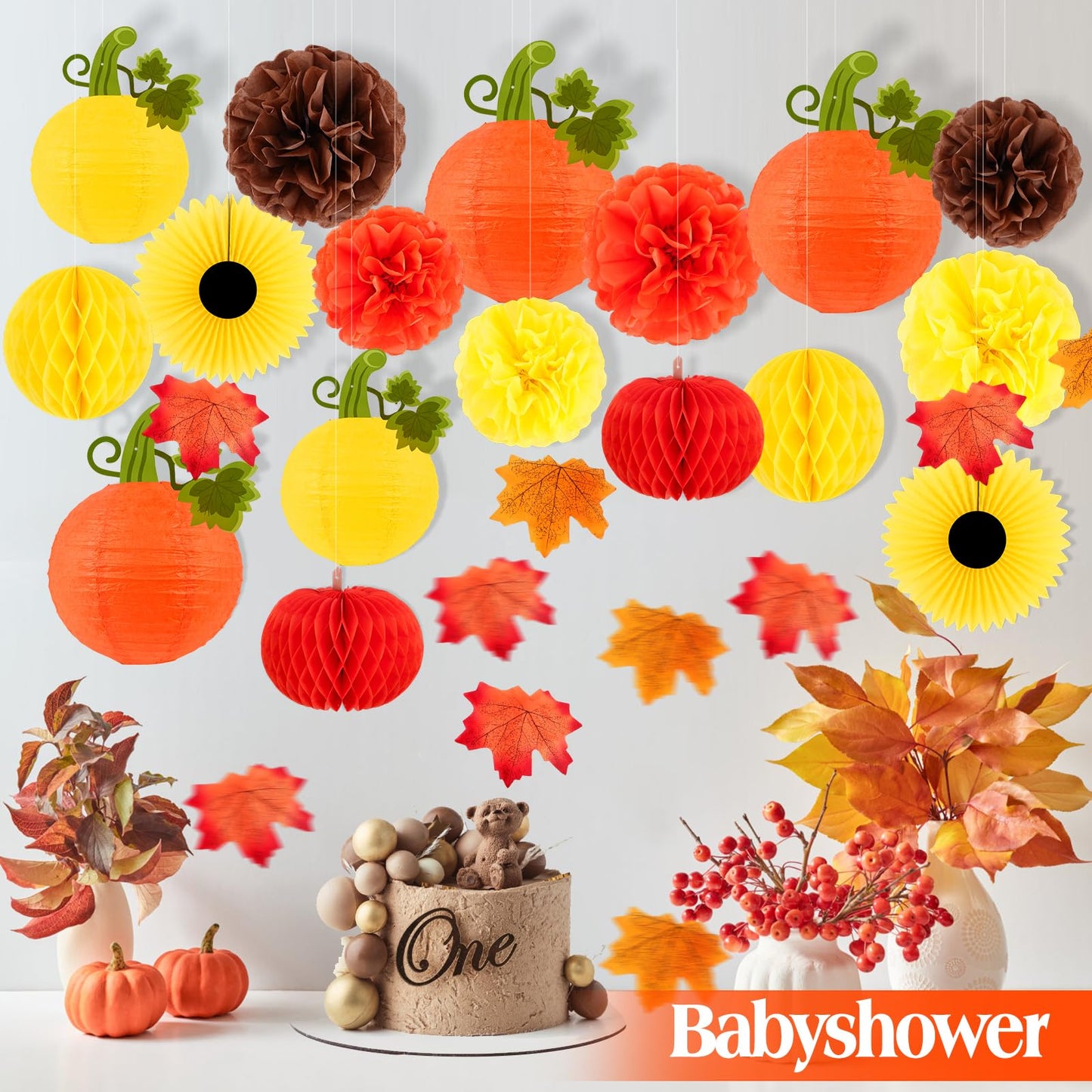 Fall Thanksgiving Party Decorations  Hanging Pumpkins Honeycomb Paper Lantern Fall Paper Fans Pompoms Maple Leaves For Autumn Harvest Baby Shower Party Decor