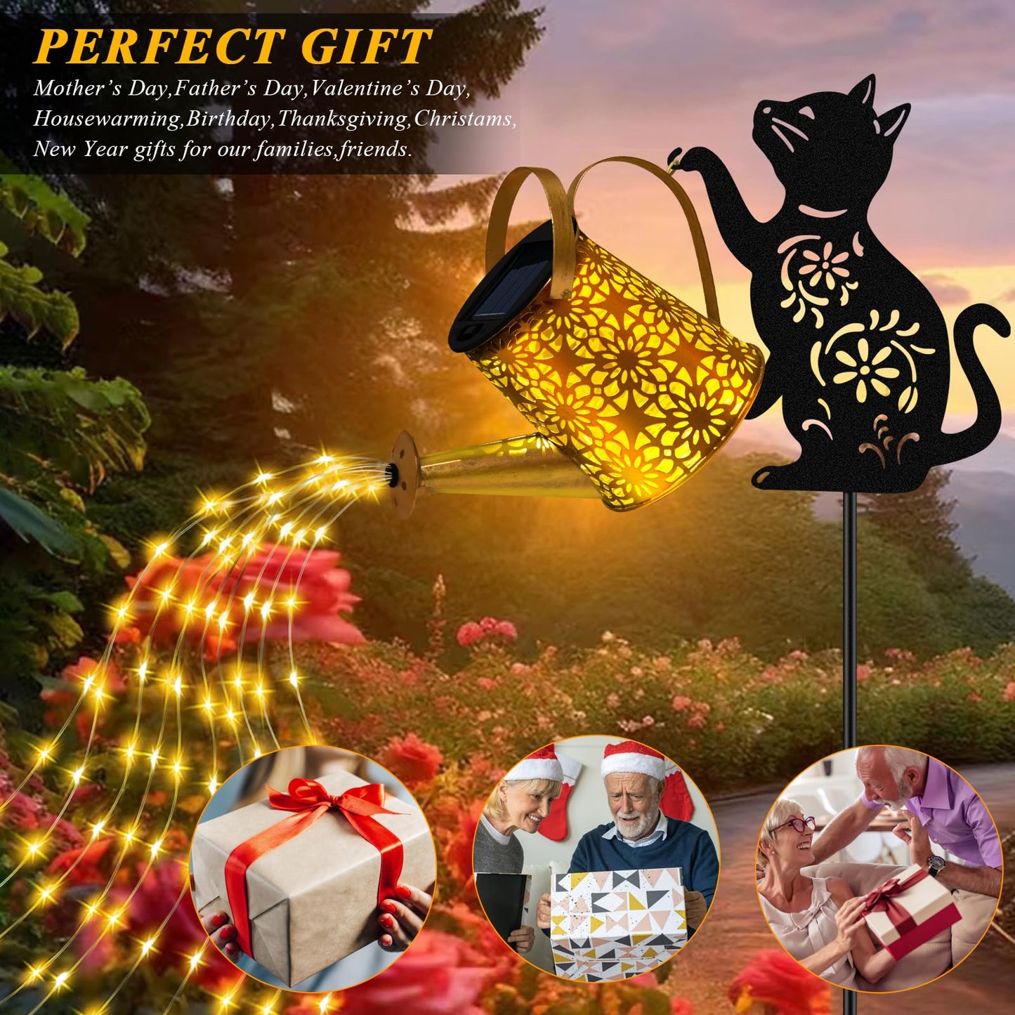 Solar Lights Outdoor Decorative  Watering Can With Cascading Lights  With Cat Silhouette Garden Stakes  Waterproof Metal Garden Decor For Yard Art  Outside  Patio  Lawn Ornaments 2Pack