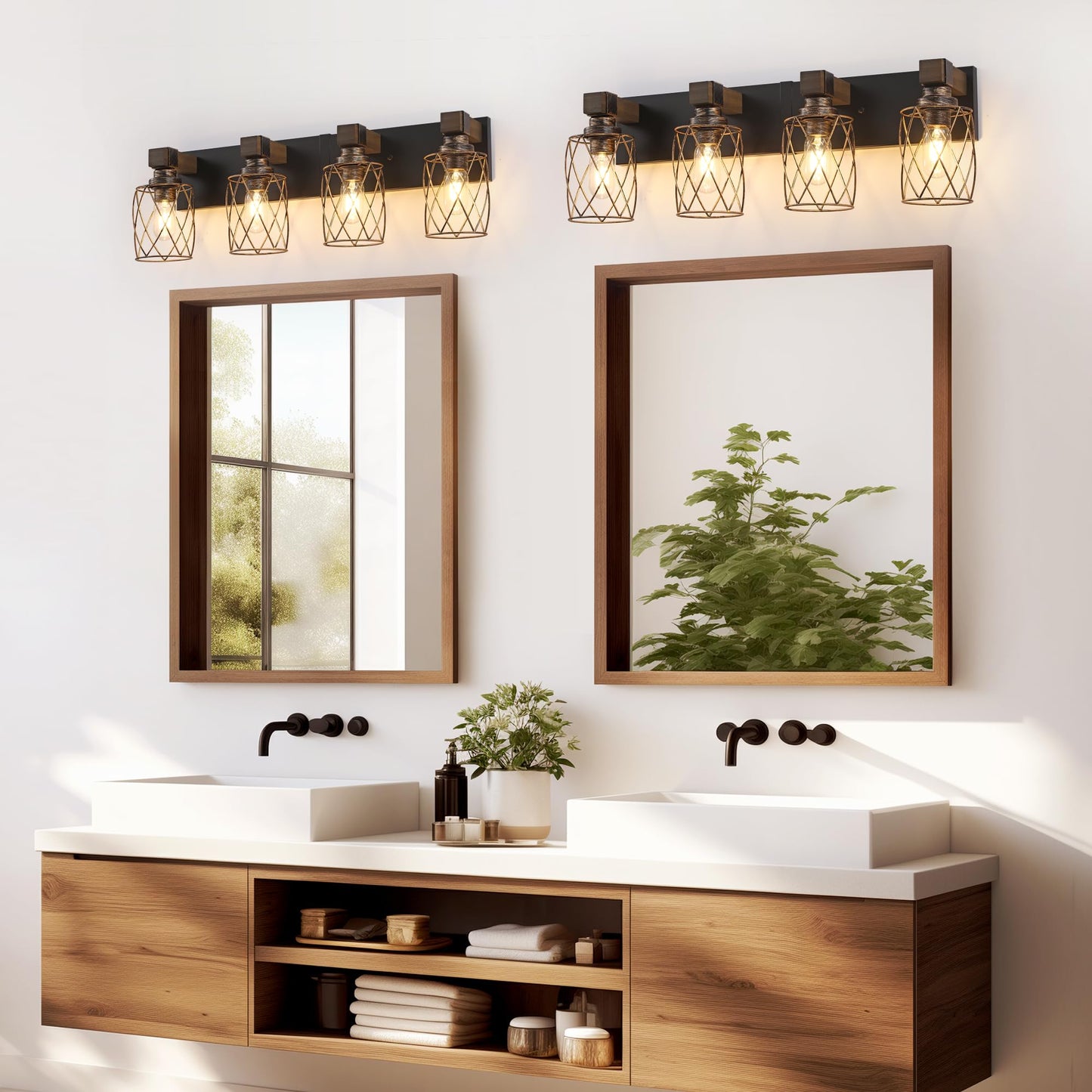 Farmhouse Bathroom Vanity Light  4-Light Wood Bathroom Light Fixtures Over Mirror  Black And Gold Industrial Vanity Lights With Metal Shade  Rustic Bathrooms Lighting For Living Room Bedroom Hallway
