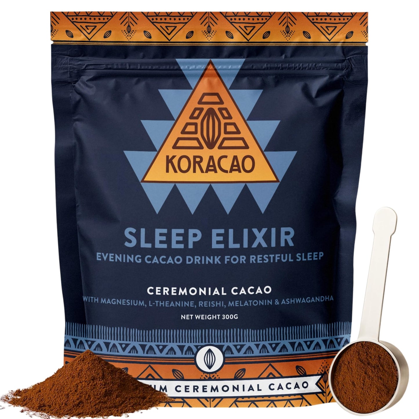 KORACAO Sleep Elixir Cacao Blend - Ceremonial-Grade Cocoa Drink with Magnesium  L-Theanine  Reishi  Melatonin & Ashwagandha - 300g (30 Servings) for Relaxation & Restful Sleep