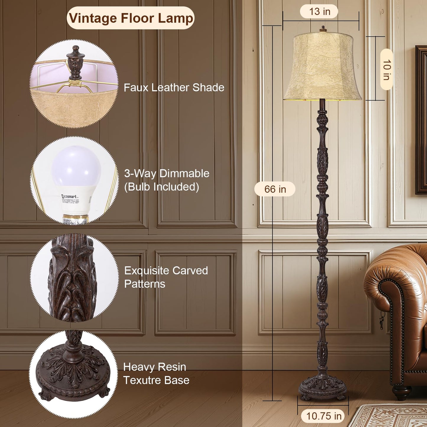 Scenekoy Vintage Floor Lamp, 66·Tall, Dark Brown Resin, Faux Leather Shade, 3-Way Adjustable, Model SL038