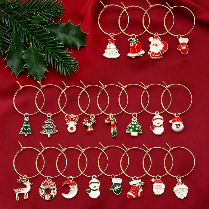 Christmas Wine Glass Markers - 20pcs Party Drink Marker Tags With Rings Stem Glasses Identifier For Party Favors Decorations Tasting