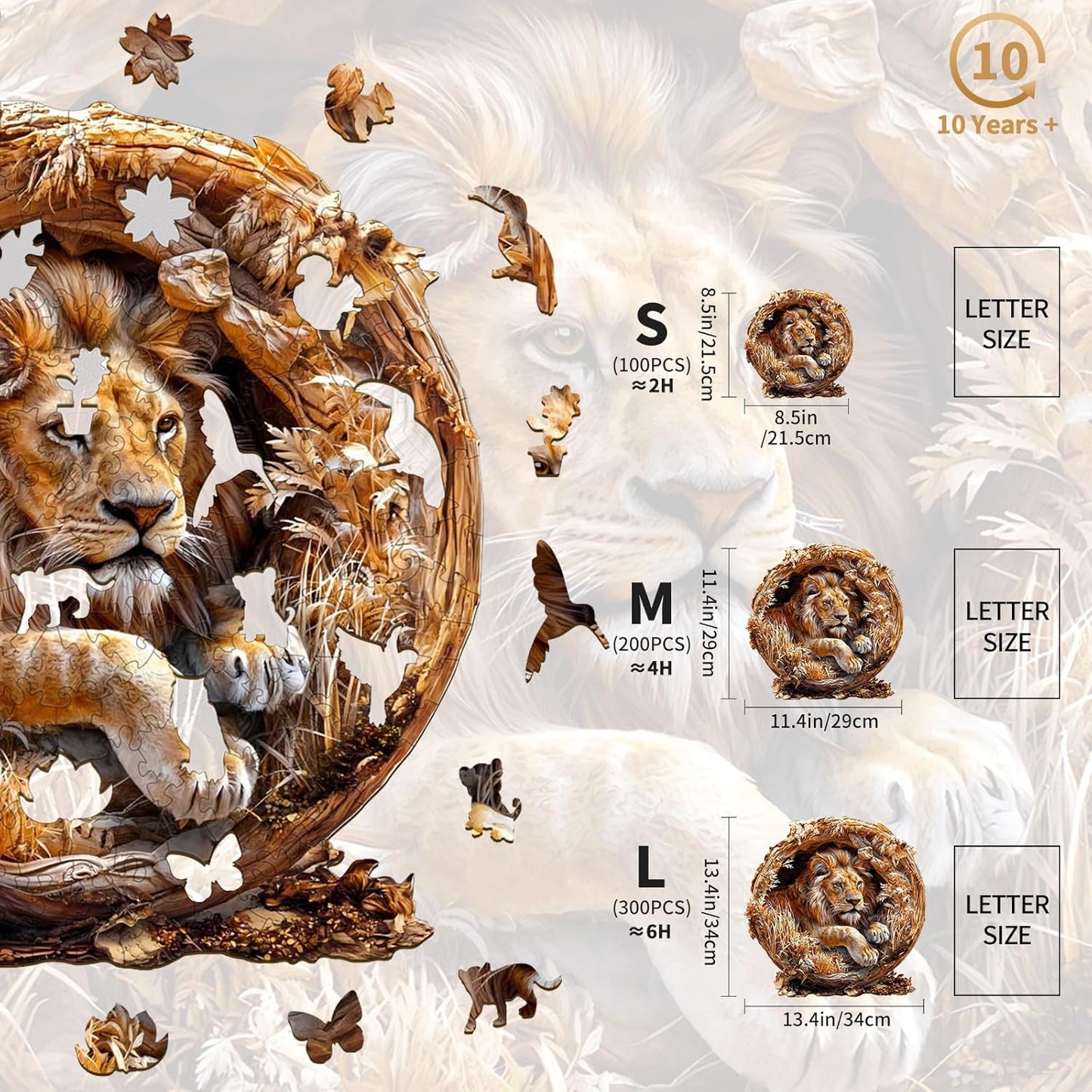 KAAYEE Wooden Puzzles for Adults, 3D Vision Effect Lion King Wooden Jigsaw Puzzles 300 PCS Unique Shape Advanced Wood Puzzle Adult, Fathers Birthday Family Game (L-13.4 * 13.4in)