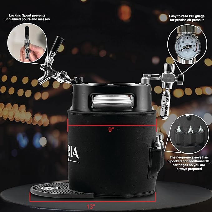 Gloria 7L (1.8 Gal) Mini Keg, Pressurized Keg for Drinks, with Tap System, Co2 Regulated, Stainless Steel