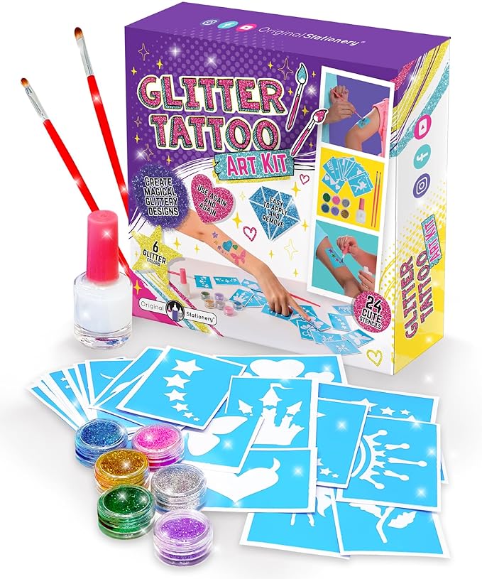 Original Stationery Glitter Tattoo Kit - 33-Piece Multicolor Set, Ages 3-8, 24 Stencils, 6 Color Pots, 2 Brushes & Adhesiv...