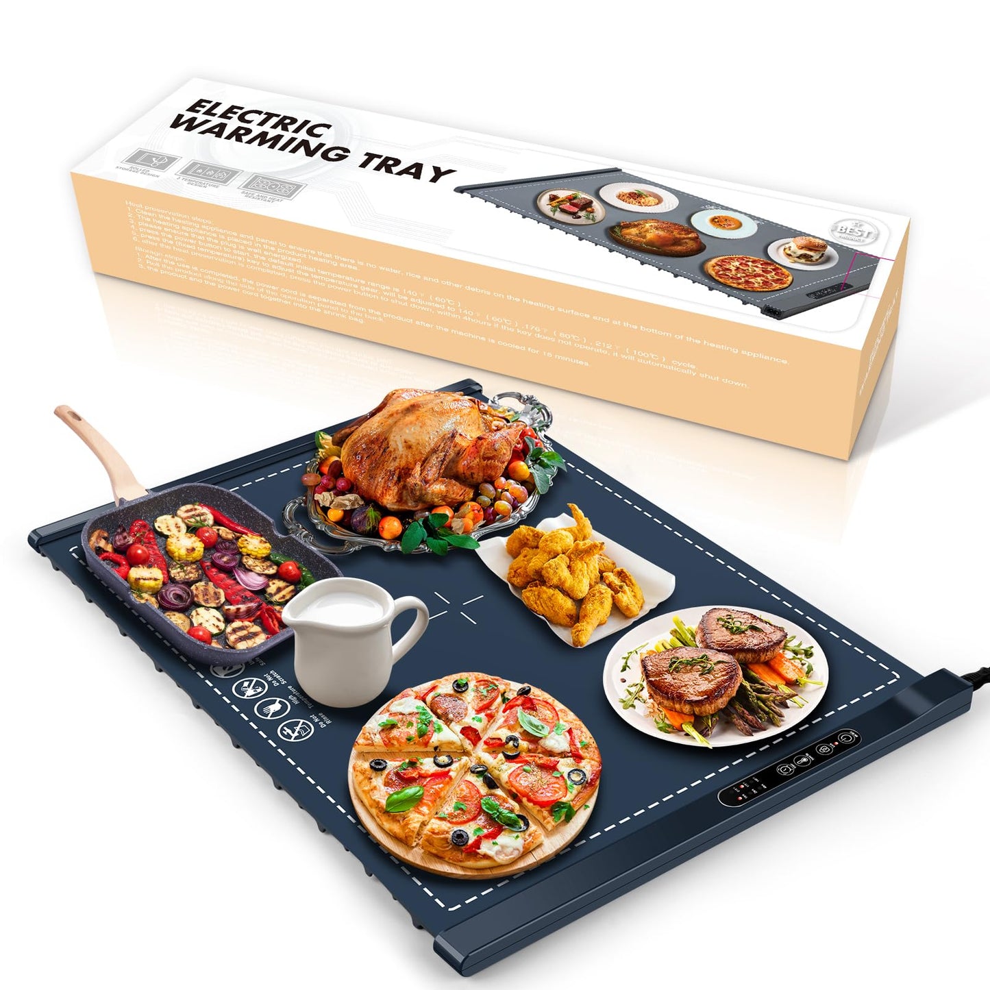 Food Warming Mat - Portable Party Buffet Electric Warming Tray, Foldable Food Warmer, Timed Off, Temperature Adjustable, Suitable for Daily, Outdoor, Party(Dark Blue)