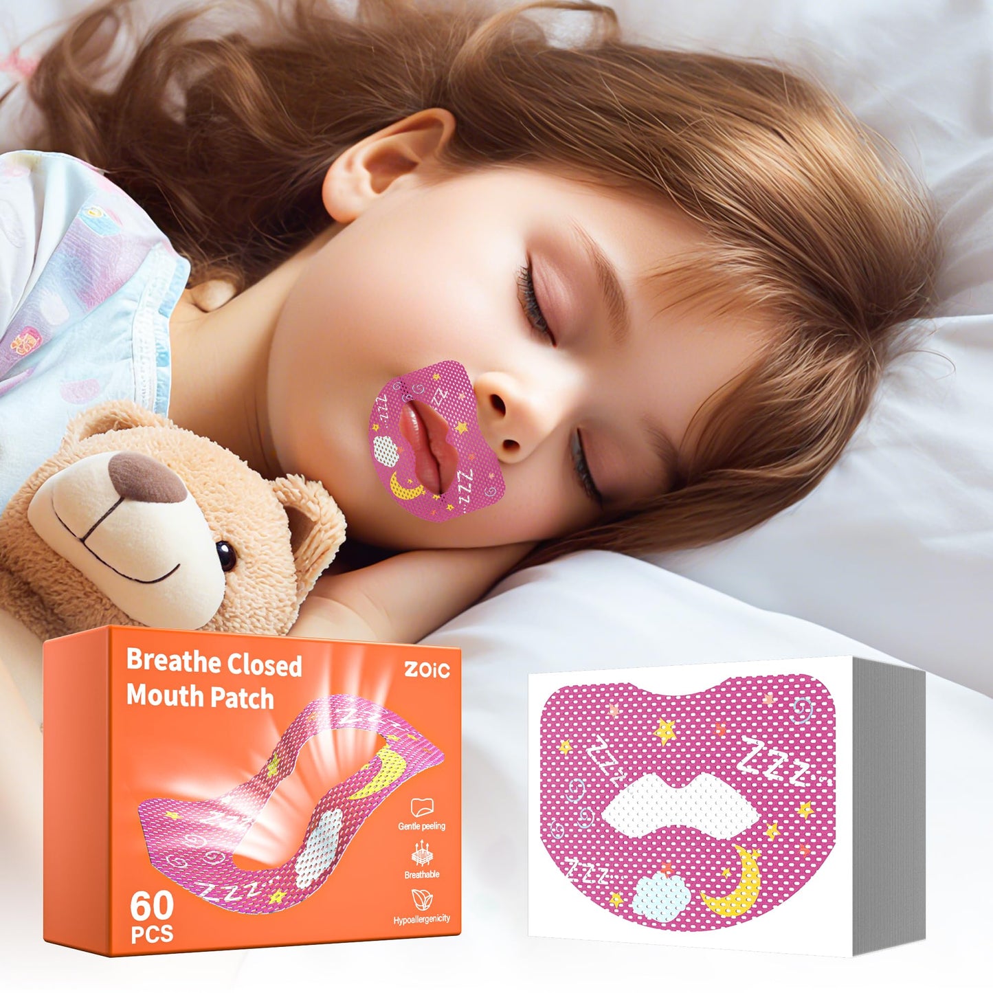 60pcs Mouth Breathing Correction Patch, Children's Closed Mouth Patch, Adult Anti-snoring, Closed Mouth Patch, Improve Mouth Breathing Facial Problems (Pink, 60pcs-Ages 8-15)
