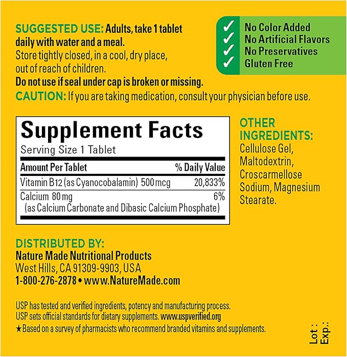 Nature Made Vitamin B12 500 mcg, Dietary Supplement for Energy Metabolism Support, 100 Tablets, 100 Day Supply