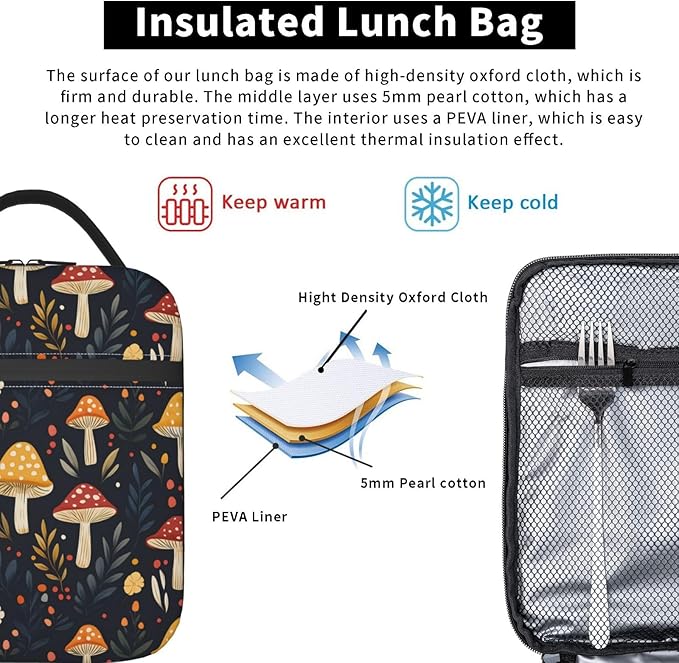 Mushroom Lunch Box for Women Kids Girls Insulated Lunch Bag Lunchbox Adults Lunch Tote Bags Reusable Cooler for Work Office School Picnic Travel