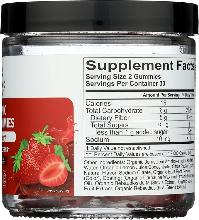 ORGANIC INDIA Fiber Gummies for Adults - Prebiotic Fiber, Dietary Supplement, Digestive Health for Men & Women, Vegan, Low Sugar, Non-GMO - Strawberry, 60 Gummies
