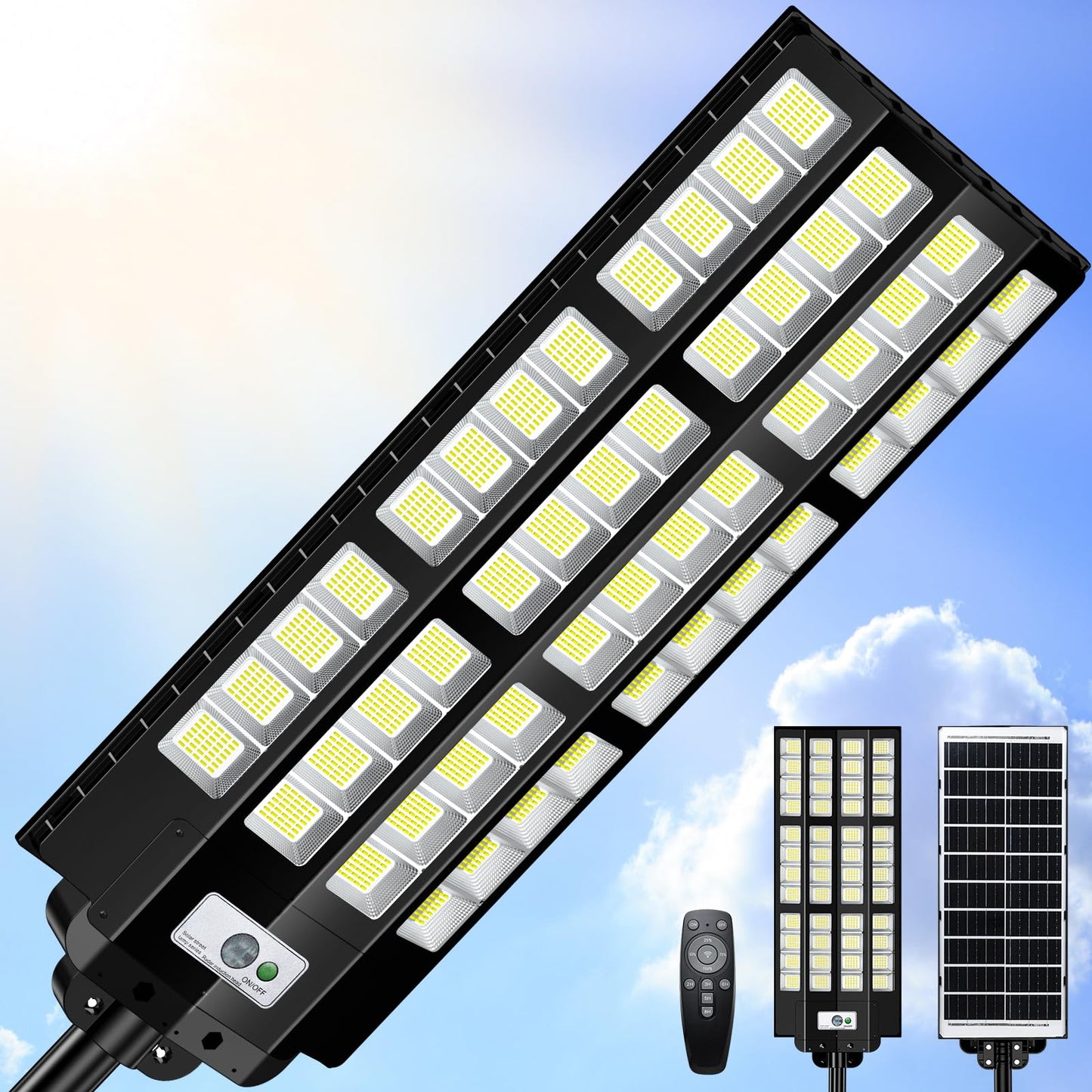 pqins Solar Street Light 12000W Outdoor Waterproof with Radar Motion Sensor, Remote Control, Black, Model SSL-TSL