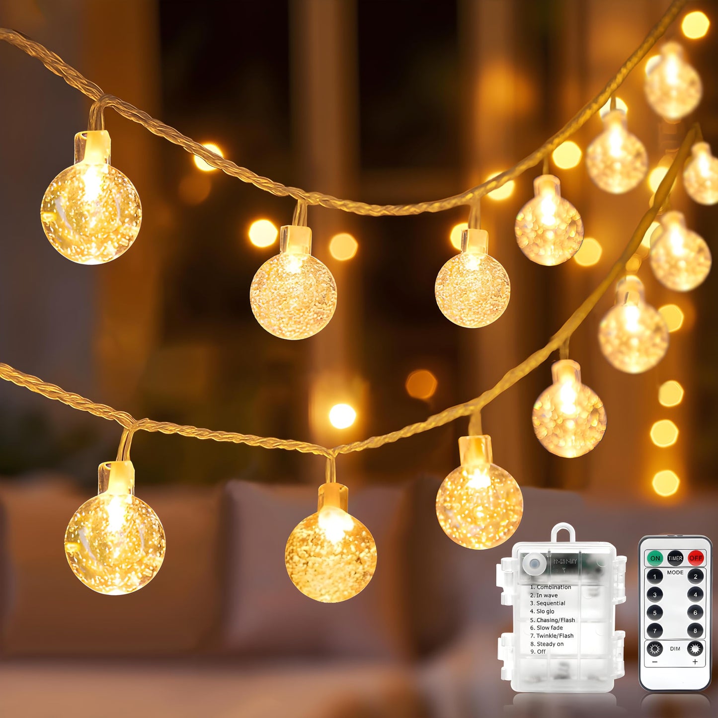 Metaku Globe String Lights, 26ft, 60 LEDs, Battery Operated, Warm White, Waterproof, Decorative for Home, Party, Garden, Wedding