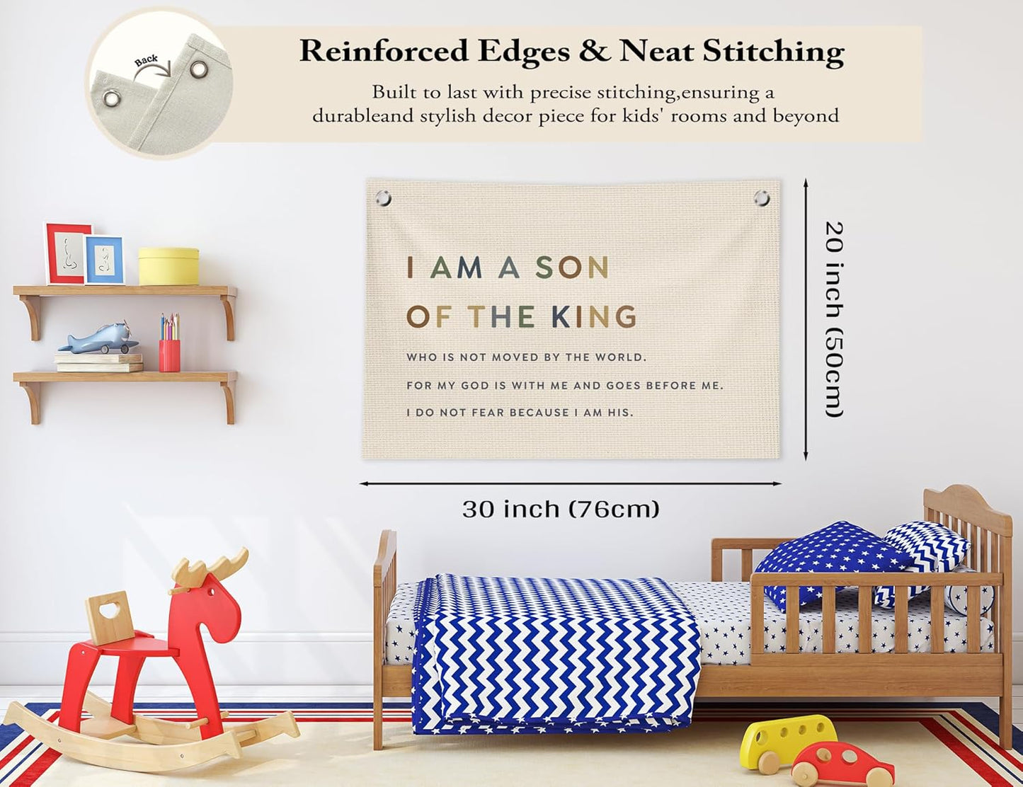 Christian Nursery Wall Decor, Boy Nursery Decor Canvas Banner,I Am a Son of the King Inspirational Hanging Banner Flag Wall Art Decor for Kids Baby Little Boys Room Bedroom Playroom,20x30 in