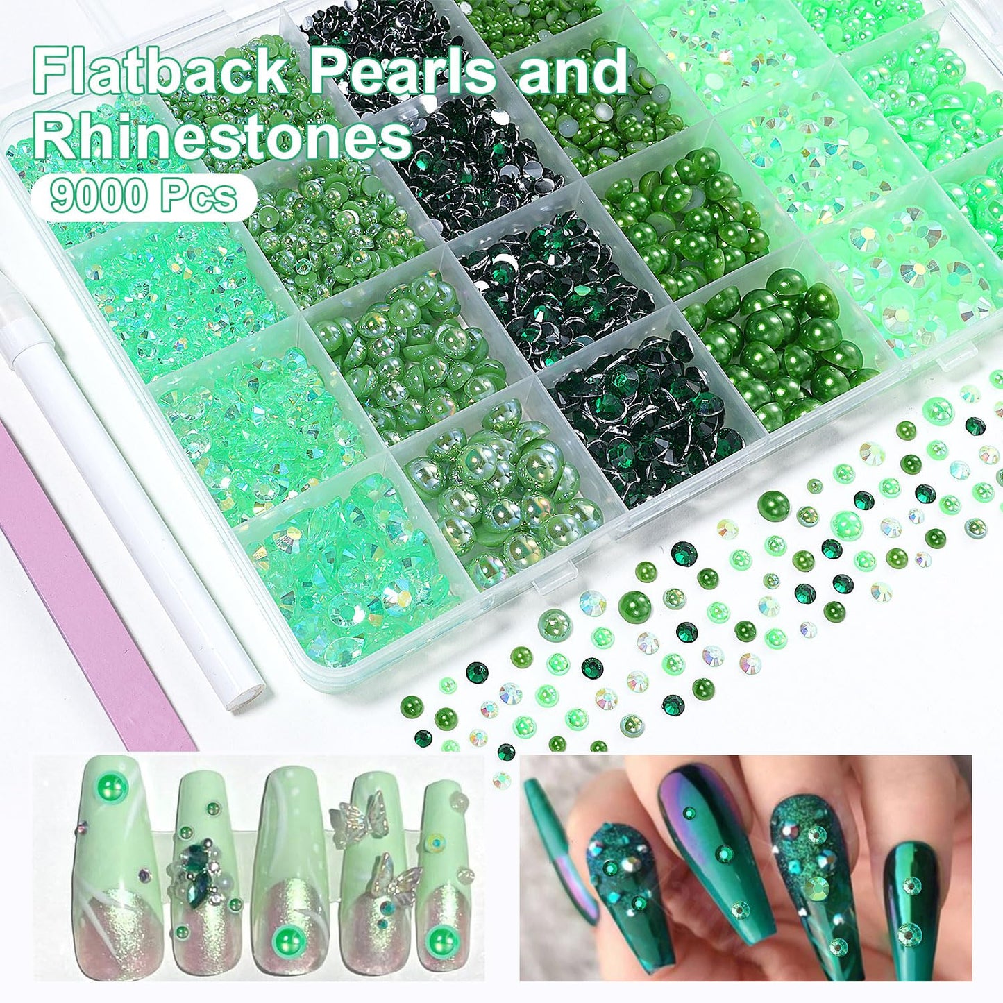 9000 Pcs Green Flatback Pearls and Rhinestones for Crafts, 3/4/5/6mm Jelly Resin Rhinestones, Mixed Size 3/4/6/8mm Half Pearl Be