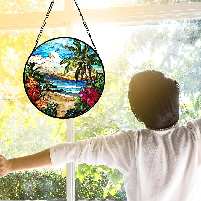 Stained Glass Window Hanging, Blue Beach Scenery Suncatcher Diamond Glass Panel Hangings Sun Catchers Decor for Birthday for Women, Men, Wife, Aunt, and Mom 9.8 in
