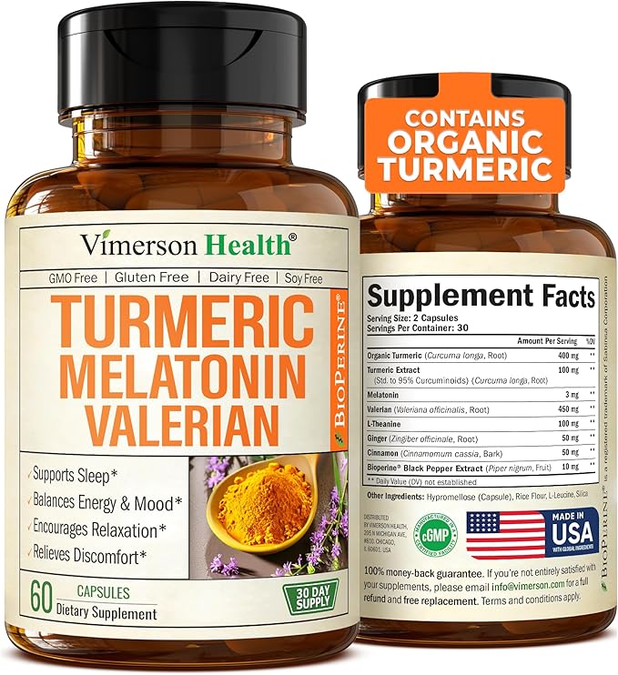 Turmeric Supplement - Turmeric Curcumin with Black Pepper, Melatonin 3mg & Valerian. Natural Sleep Aid for Adults with L-Theanine, Ginger, Valerian Root Capsules. Aids Relaxation and Mood. 60 Capsules