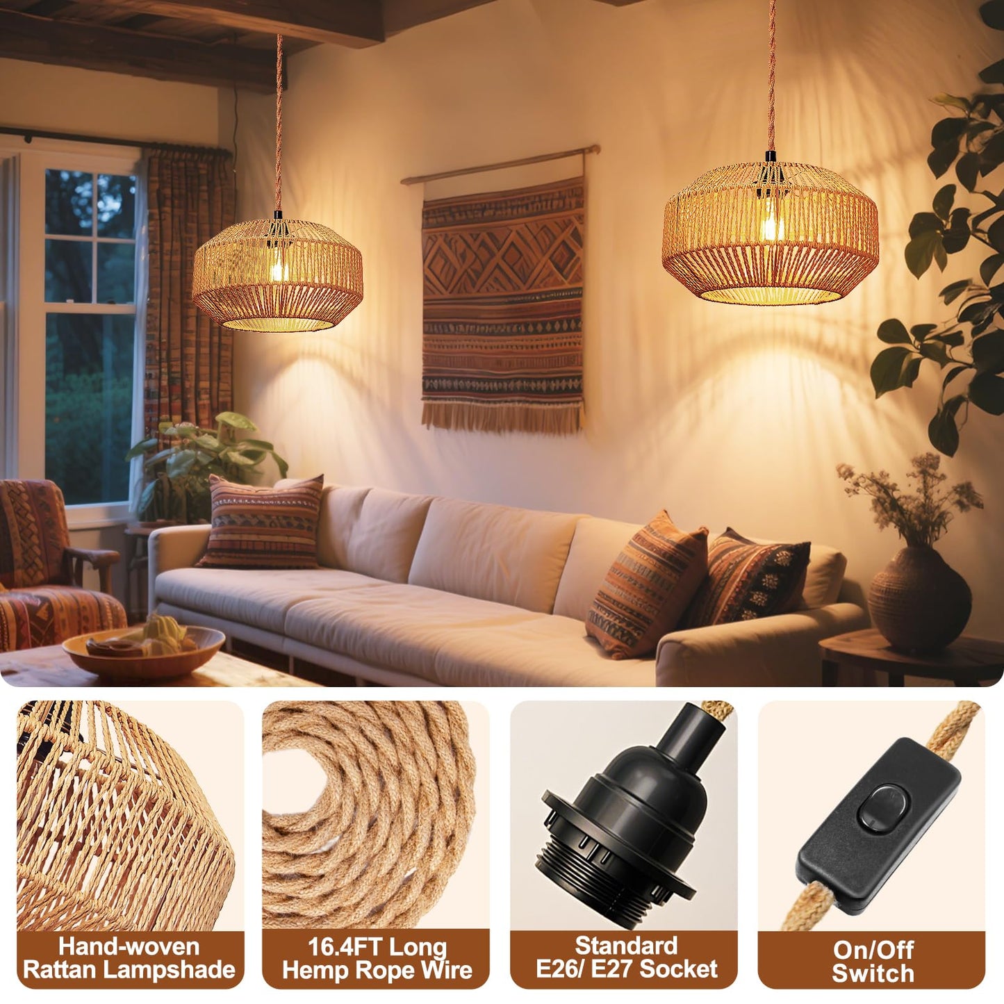Maliralt Rattan Pendant Light Fixture, 11.8 Inch Pumpkin Shade, Brown, Model 1006, Plug-In with On/Off Switch for Bedroom Living