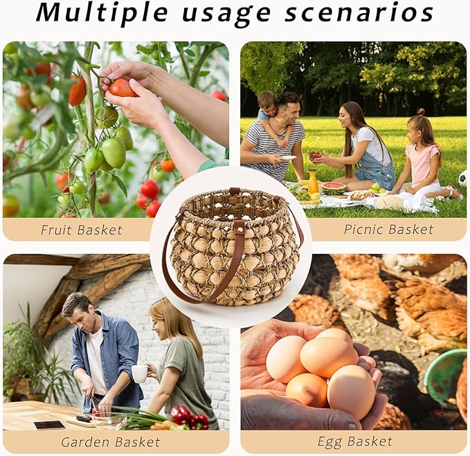 Farmhouse Oval Egg Baskets for Collecting Fresh Eggs,Small Wicker Basket with Handle,Garden Harvest Basket for Gathering Vegetables,Fruit Basket Bin for Kitchen,Garden,Picnic (Round-M)