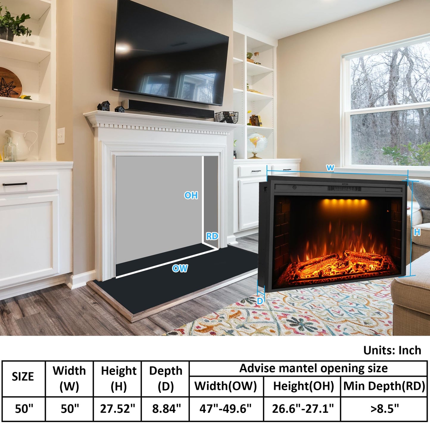 Dreamflame 50 Inch Electric Fireplace, Wall Fireplace Electric With Remote Control, Realistic Log And Crackling Sound, Overheati