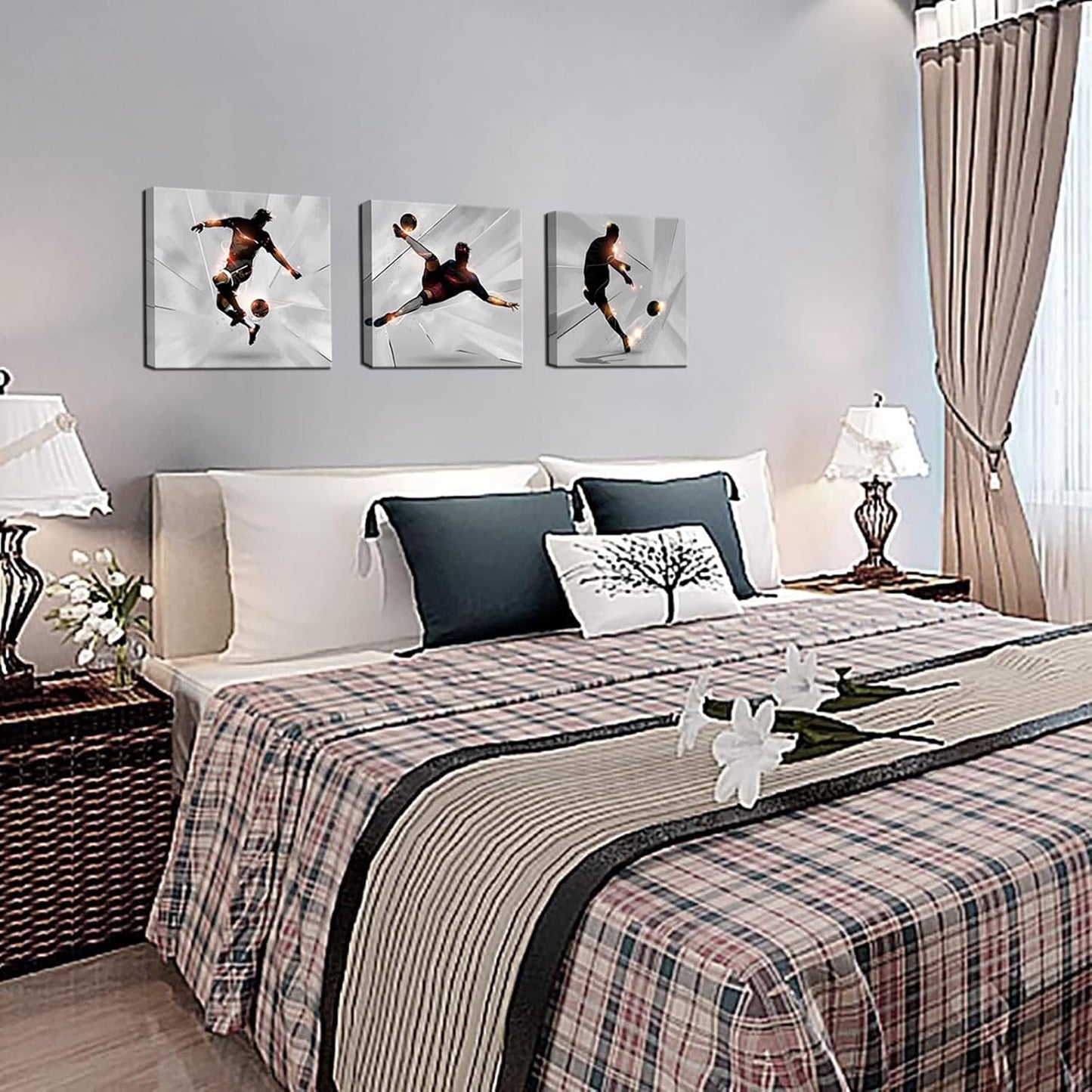 KLVOS Soccer Wall Art Prints Boy Room Sports Theme Decor Stretched and Gallery Wrap Modern Home Decoration for Man Cave Bedroom Ready to Hang - 12x12inchx3 Panel