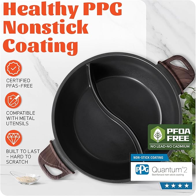 TWIN™ Electric Hot Pot with Divider | PFAS-Free Ceramic Nonstick Pot | EvenHeat Cast Aluminum Body | 1500W Fast Heating | Dual-Flavor Shabu Shabu Pots for Family Use | 1-Yr Warranty