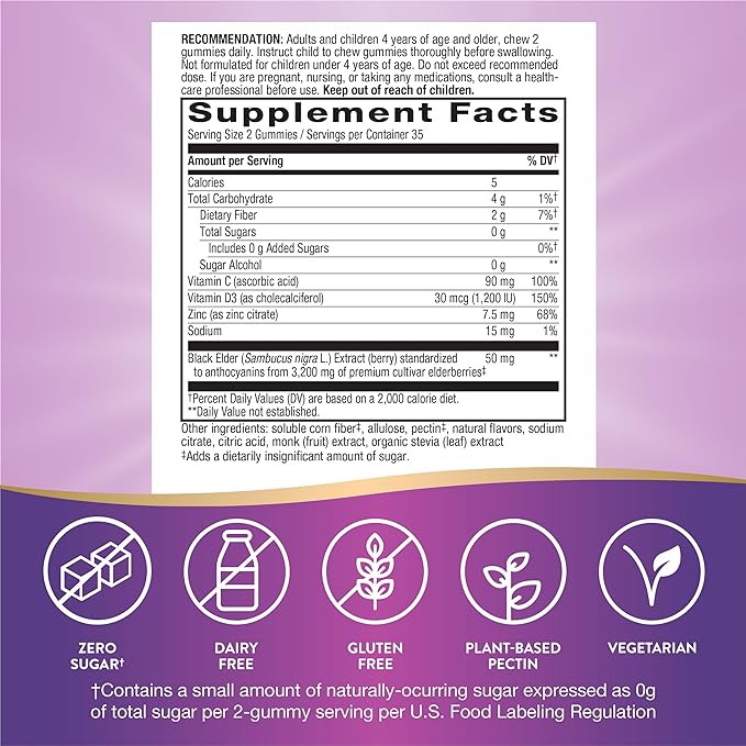 Nature's Way Sambucus Zero Sugar Immune Gummies, Daily Immune Support*, Black Elderberry Extract, Vitamin C, Vitamin D3, Zinc, Sugar Free, Sugar Alcohol Free, Plant-Based Sweeteners, 70 Gummies