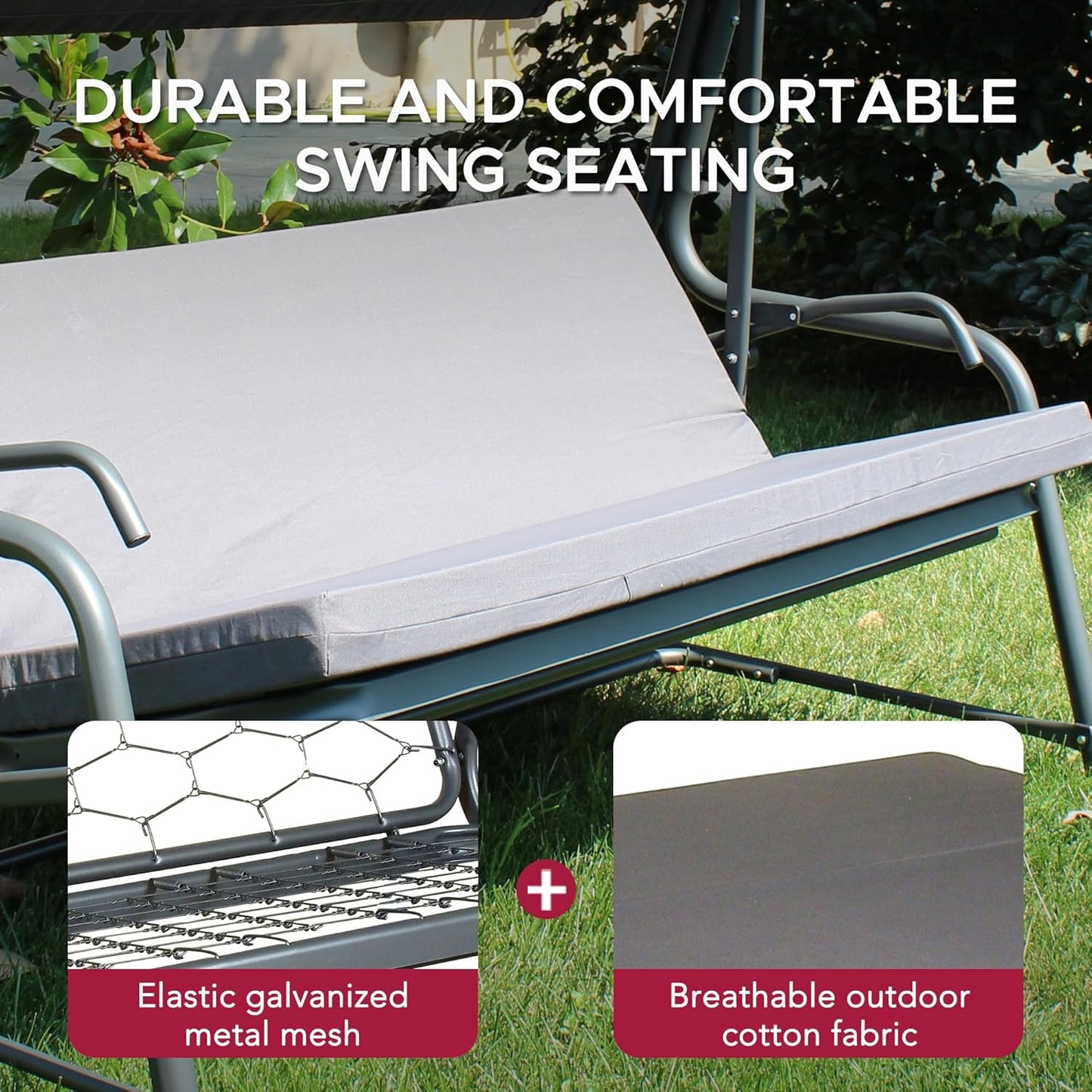 SUNJOY 3-4 Seat Luxury Outdoor Porch Swing, Steel Patio Swing with Elastic Metal Mesh Seat, Convertible Design, Cushion and Adjustable Canopy for Garden, Poolside, Backyard, Grey - Made in Italy