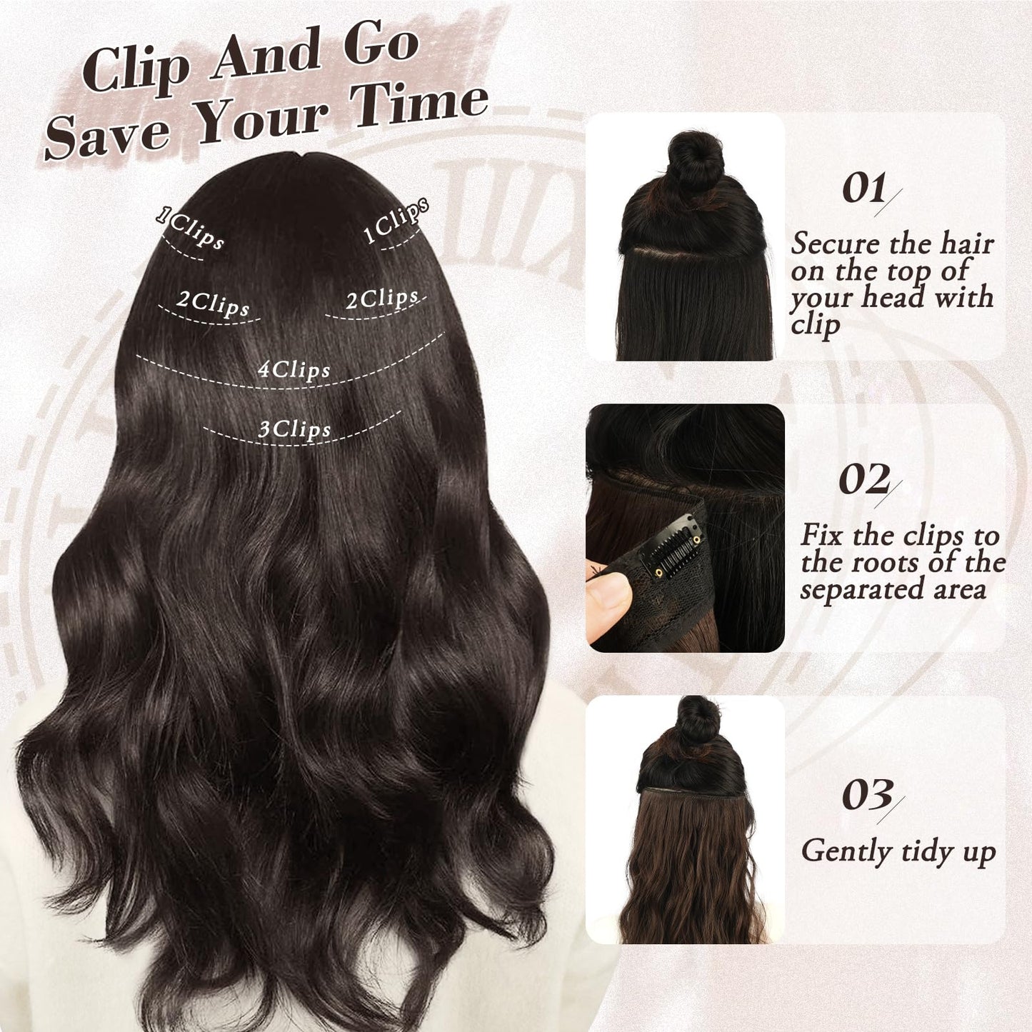 BARSDAR 20 Inch Beach Wavy Clip in Hair Extensions - 6PCS Thick, Soft Synthetic Clip Hairpieces, Full Head Black Brown Clip in H