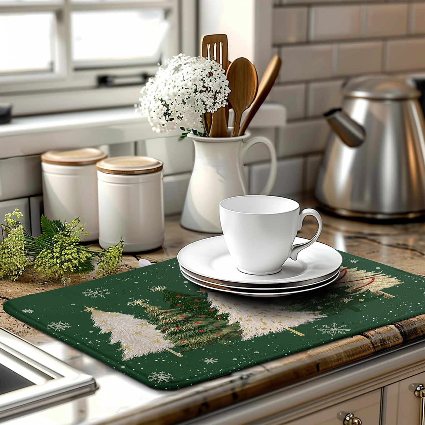 Green Christmas Tree Snowflakes Dish Drying Mat for Kitchen Counter 18x24 Inch Winter Xmas Holiday Dish Rack Mat Absorbent Microfiber Dish Draining Mat Reversible Drainer Pad