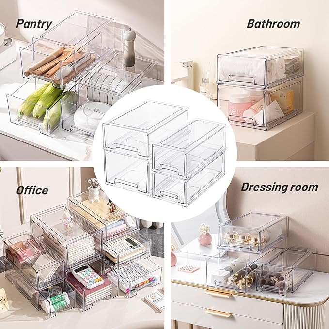 2 Pack Stackable Pull-Out Storage Drawers，Plastic Clear Organizer Bins with Handles，Easily Clean for Craft, and Toy Organization，Kitchen Undersink，Cabinet，Fridge，Closet，Pantry，Office，Bathroom