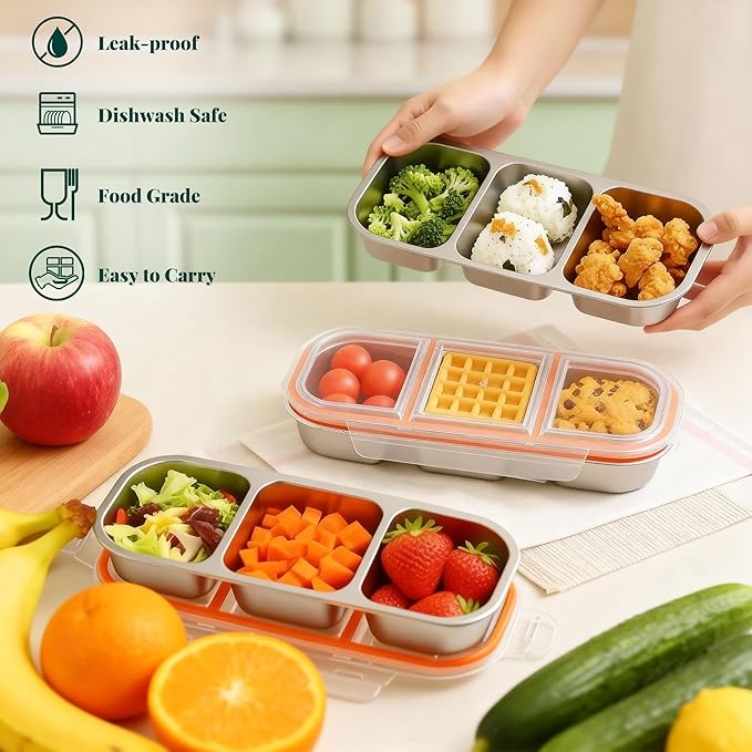 QCQHDU Bento Lunch Box Stainless Steel Snack Containers, Reusable Stainless Steel 3-Compartment Condiment Metal Bento Lunch Box with Lids, Divided Snack Food Storage Lunchable Containers, 1 Pack