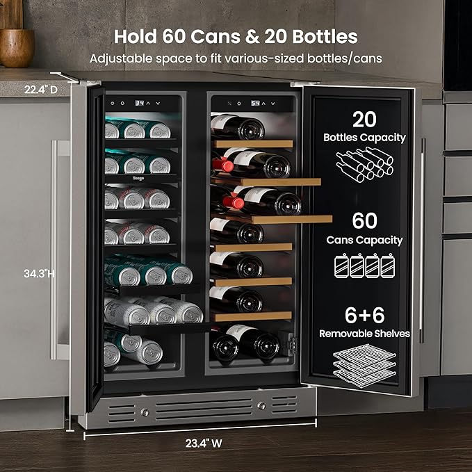Yeego 24 Inch Wine and Beverage Cooler - 34-65°F Dual Zone, Holds 60 Cans & 20 Bottles, Stainless Steel Door with Lock for Built-in/Undercounter Installation in Kitchen, Patio, Bar & Outdoor Use