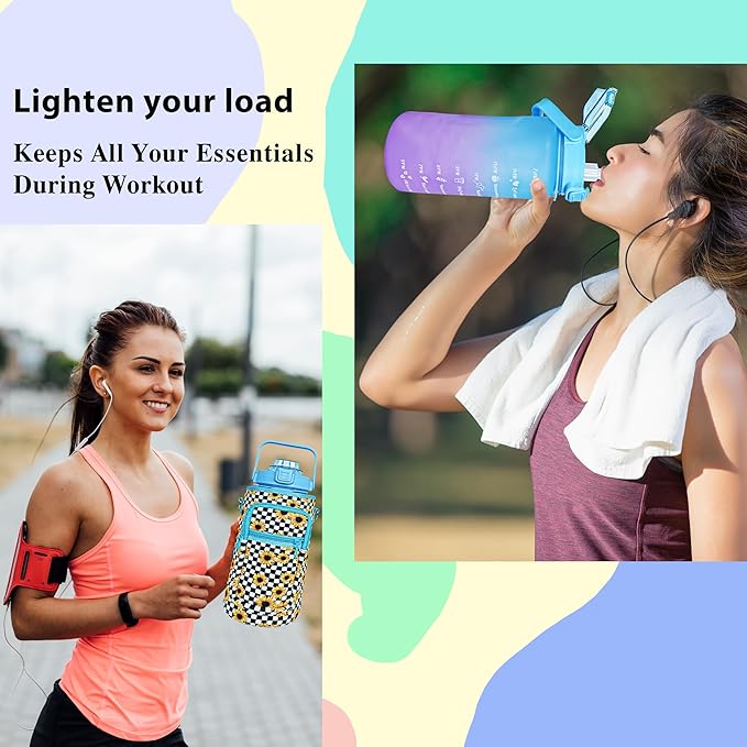 64 oz Water Bottle with Straw Sleeve & Strap Motivational Half Gallon Water Jug with Handle for Gym Women Men Aesthetic Water Bottle with Strap Sunflower