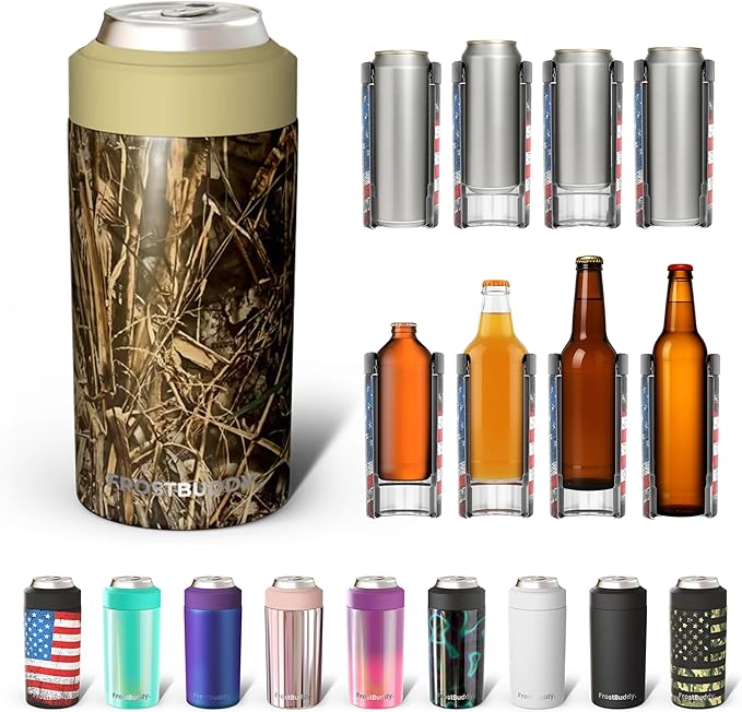Frost Buddy Universal Can Cooler - Fits all - Stainless Steel Can Cooler for 12 oz & 16 oz Regular or Slim Cans & Bottles - Stainless Steel (Real Tree Max7)