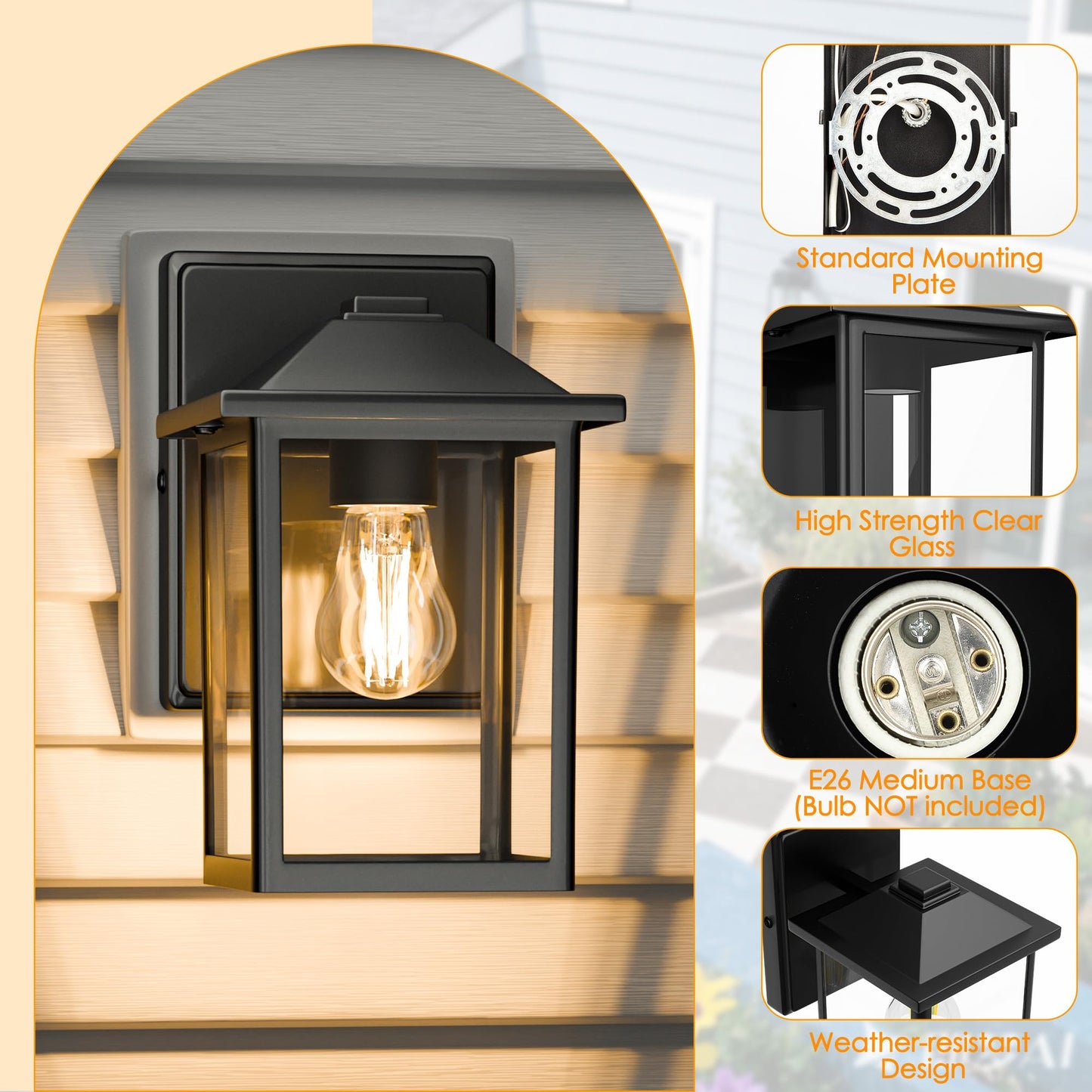 Matameye Outdoor Wall Lantern  Exterior Waterproof Wall Sconce Light Fixture  Black Front Door Mounted Lighting With Clear Glass  Anti-Rust Porch Lamp
